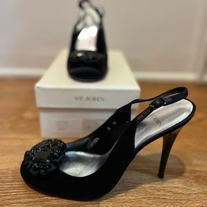 St John Black Satin/Crystal Slingback Pumps